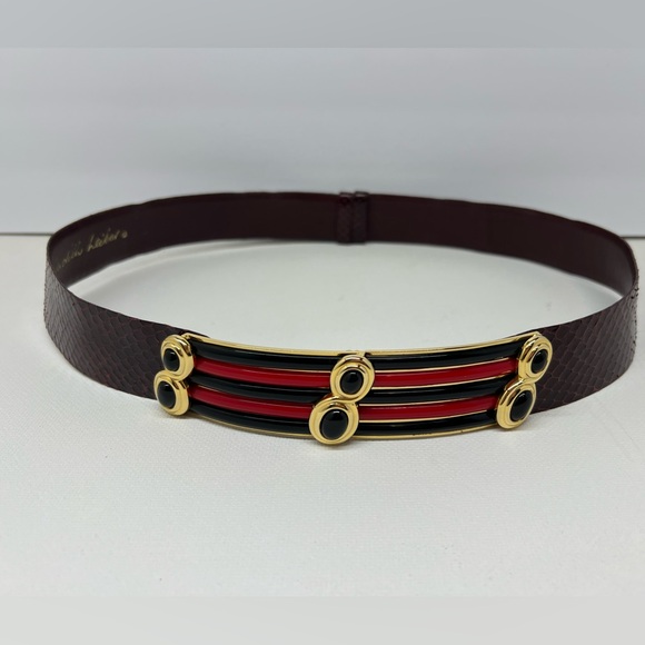 Judith Leiber Burgundy Snake/Leather Belt w/Gold Buckle and Black/Red accent - Picture 10 of 15